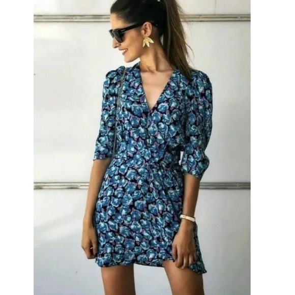 Zara Blue Floral Balloon Sleeve Faux Wrap Mini Dress- Bloggers Fave Size Medium - Picture 1 of 16